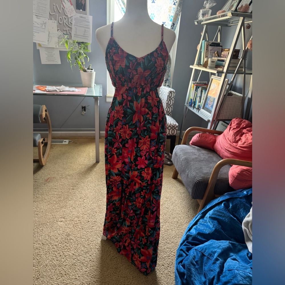 Roxy Floral Spaghetti-Strap Maxi Dress in Red and Green
